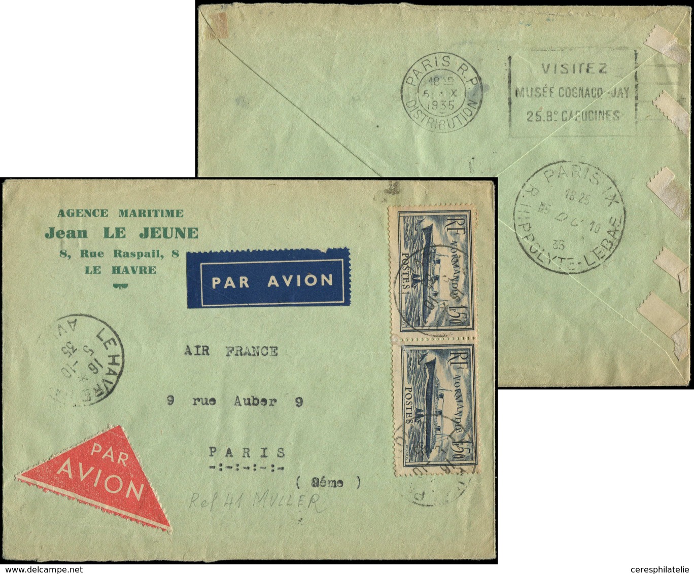 Let Air Bleu N°299 PAIRE Obl. Càd LE HAVRE 5/10/35 S. Env., Cachet  LE HAVRE-PARIS, TB - Premiers Vols