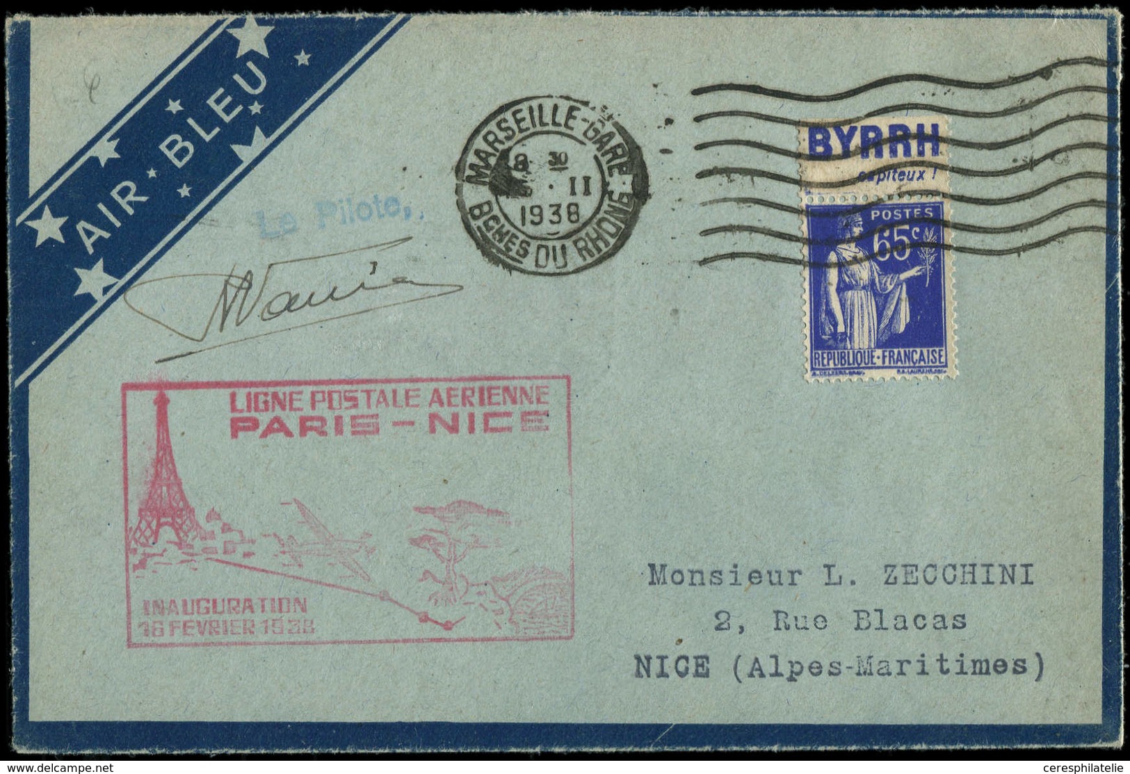 Let Air Bleu N°365 Obl. Càd MARSEILLE 16/2/38 S. Env.  PARIS-NICE, TB - Erst- U. Sonderflugbriefe