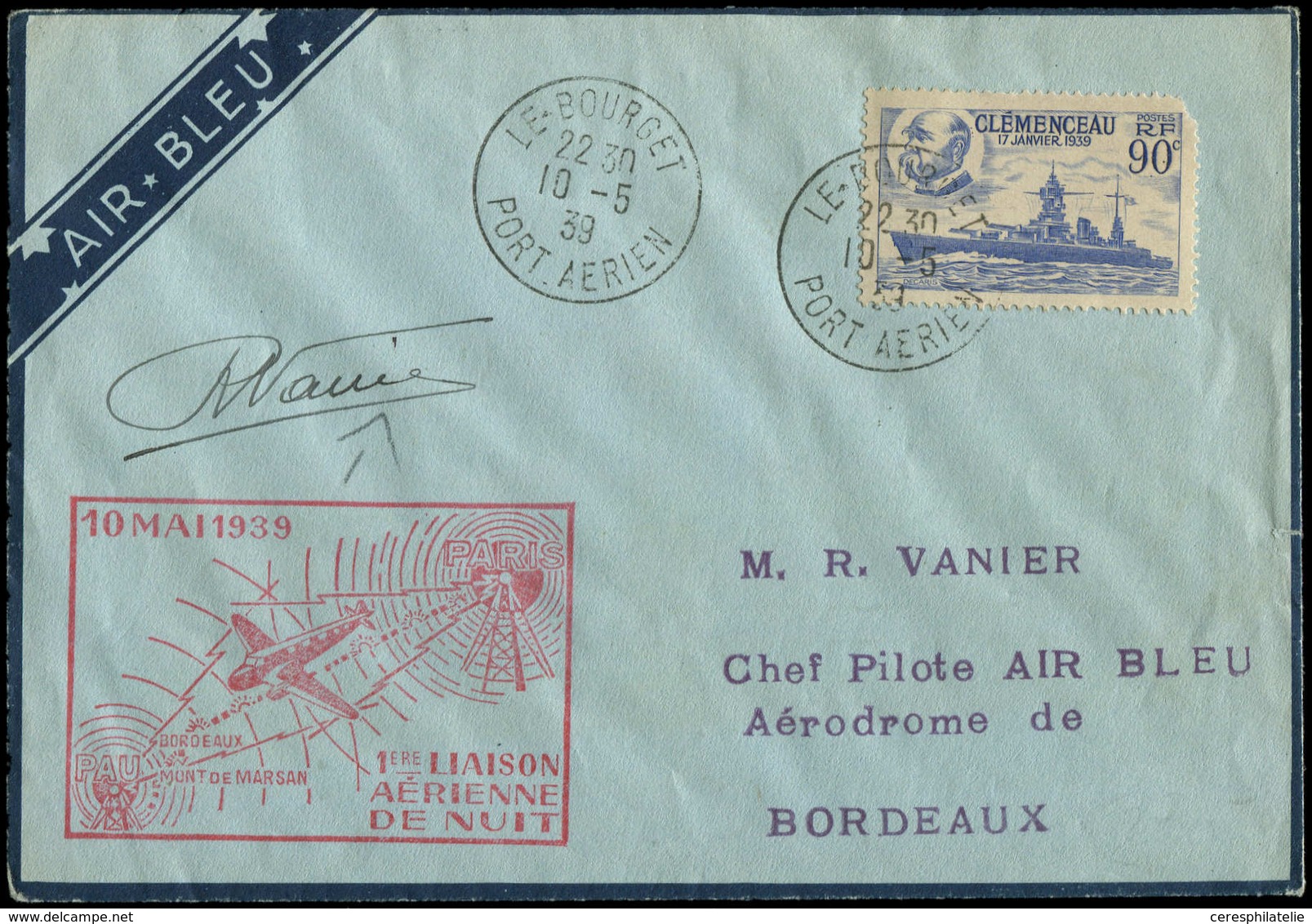 Let Air Bleu N°425 Obl. Càd LE BOURGET 10/5/39 Sur Env.  BORDEAUX-MONT De MARSAN, TB - Premiers Vols