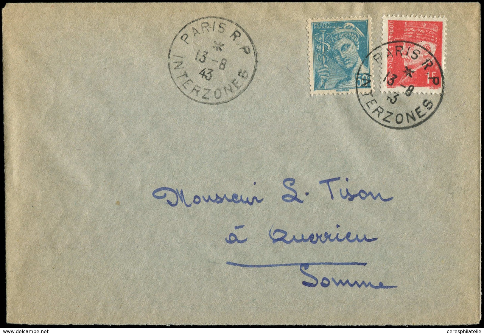 Let Guerre 1939/1945 N°514 + 538 Obl. Càd PARIS RP/INTERZONES 13/8/43 S. Env., TB - WW II