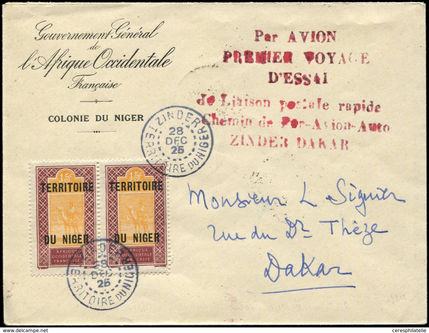 Let NIGER N°6 PAIRE Obl. ZINDER 28/12/25 S. Env. Pour Dakar, Griffe Rouge Par Avion/Premier Voyage/d'Essai/de Liaison Po - Autres & Non Classés