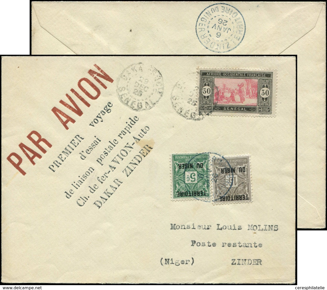 Let SENEGAL N°61 Obl. DAKAR 29/12/25 S. Env. Par Avion, Griffe "PREMIER Voyage/d'essai/de Liaison Postale Rapide/Ch. De  - Other & Unclassified