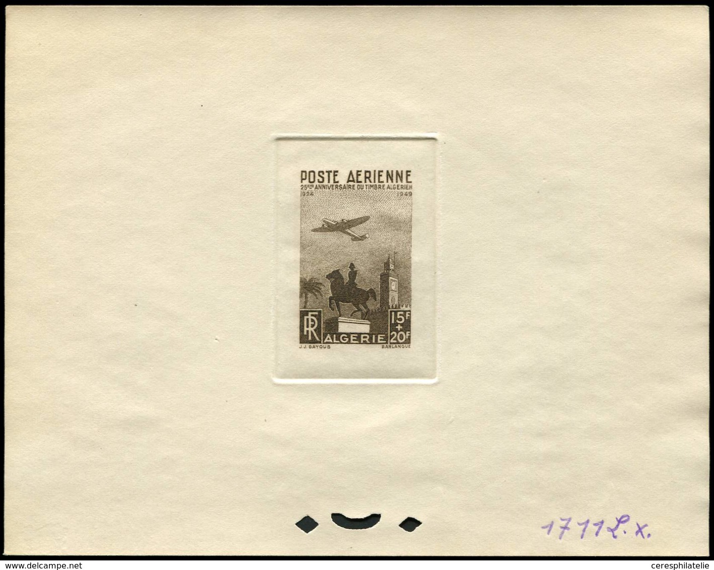 ALGERIE PA 13 : Monument, 15f. + 20f., épreuve D'atelier En Marron-gris (couleur 1711), TB - Airmail