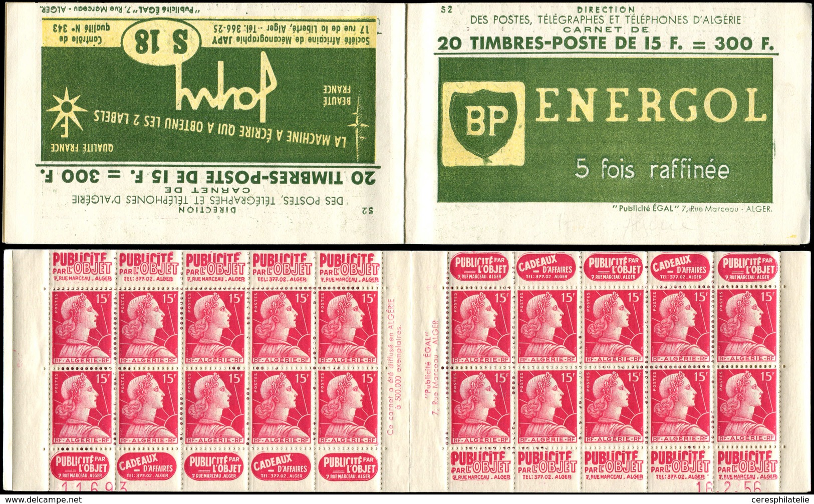 ALGERIE Carnet 25 : 15f. Rose, N°329, S. 2, ENERGOL-JAPY, N°11693, Daté 16/2/56, Les 2 En Rouge, TB - Other & Unclassified