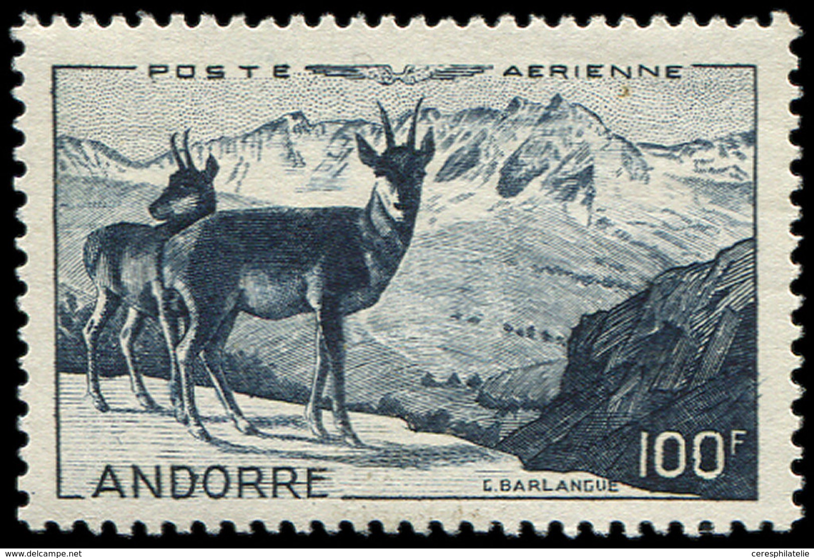 ** ANDORRE PA 1 : 100f. Bleu Ardoise, Isards, TB - Poste Aérienne