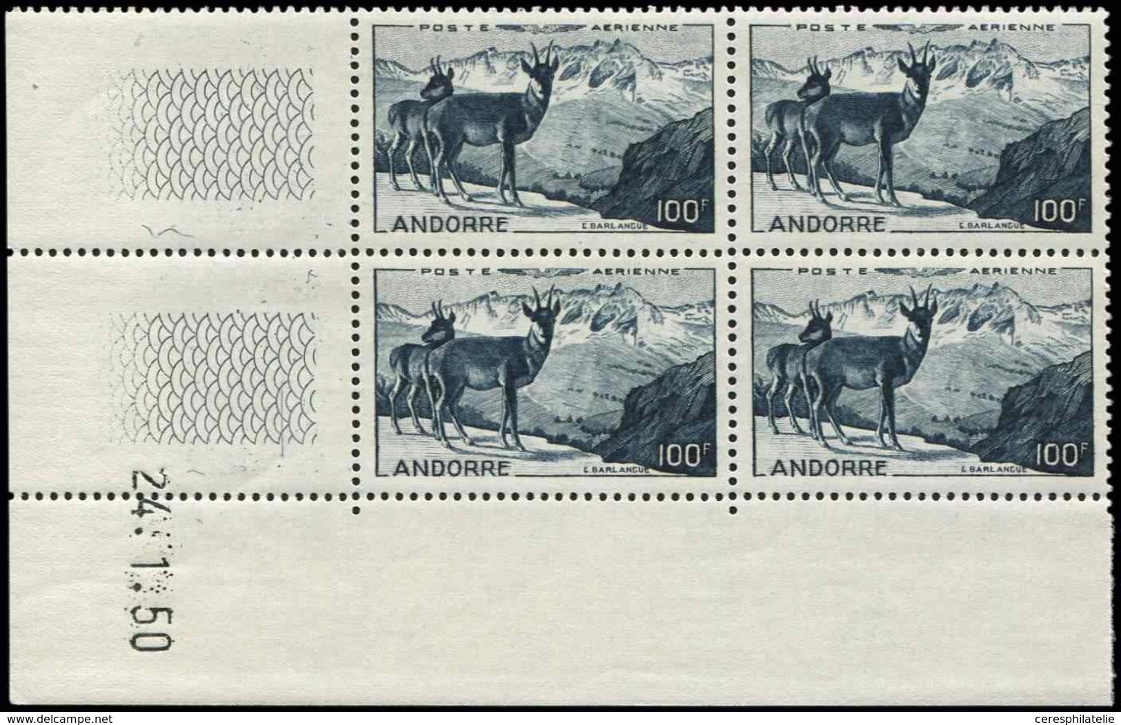 ** ANDORRE PA 1 : 100f. Bleu Ardoise, Isards, BLOC De 4 CD 24/1/50, TB - Poste Aérienne