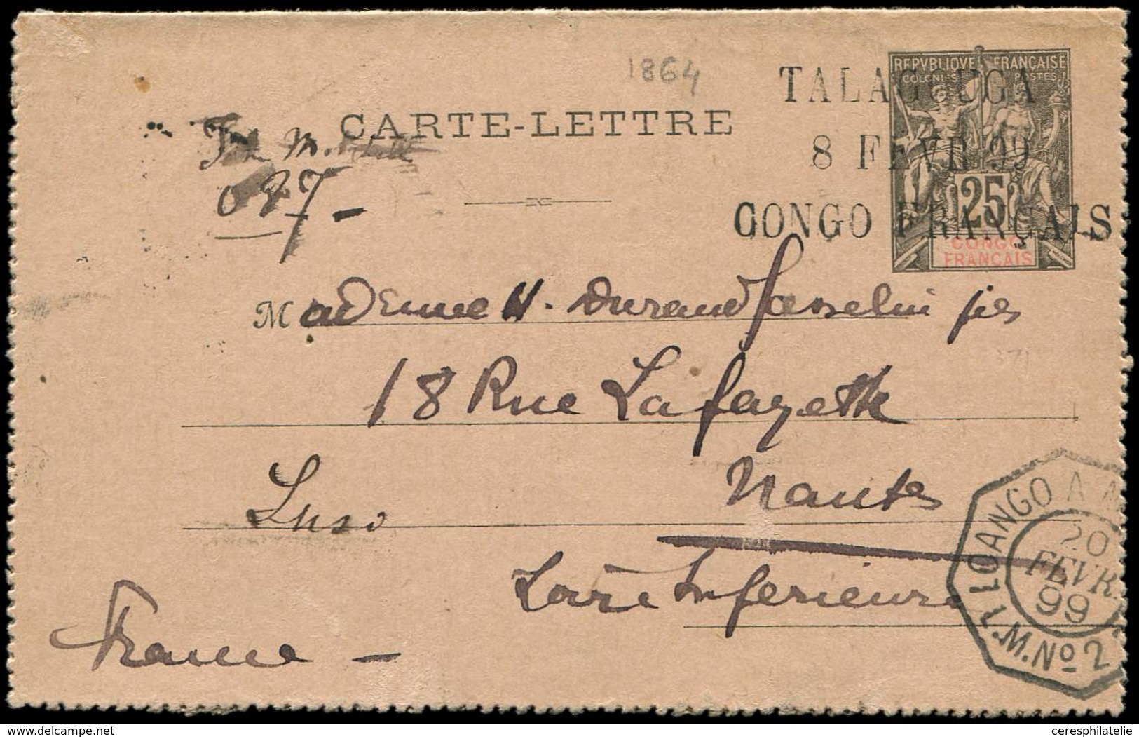 Let CONGO CL Entier 25c. Noir S. Rose Obl., Griffe TALAGOUGA/8 FEVR 99/CONGO FRANCAIS, TB - Other & Unclassified