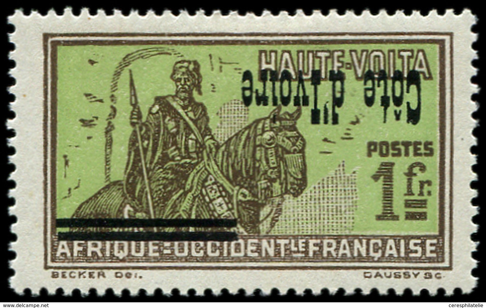 * COTE D'IVOIRE 100a : 1f. Sépia Et Vert-jaune, Surcharge RENVERSEE, TB - Other & Unclassified