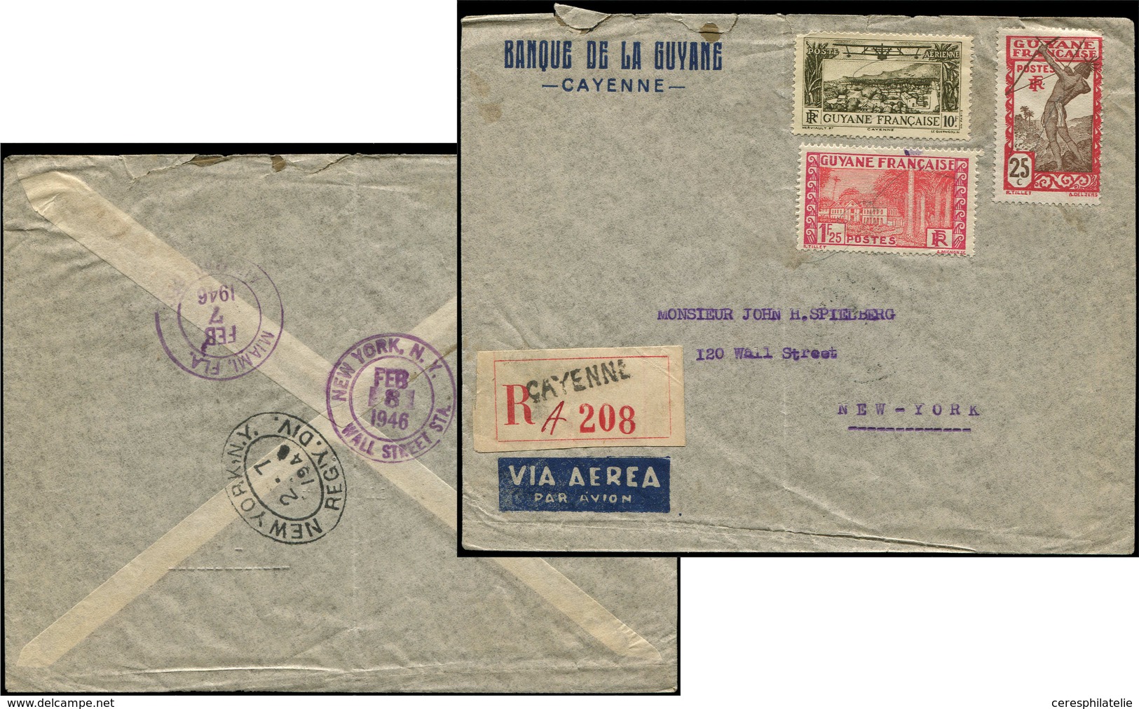 Let GUYANE 116 + 146 + PA 17 Annulés Au Stylo Sur Env. Rec. Par Avion, Arr. NEW-YORK Le 2/7/46, TB - Autres & Non Classés