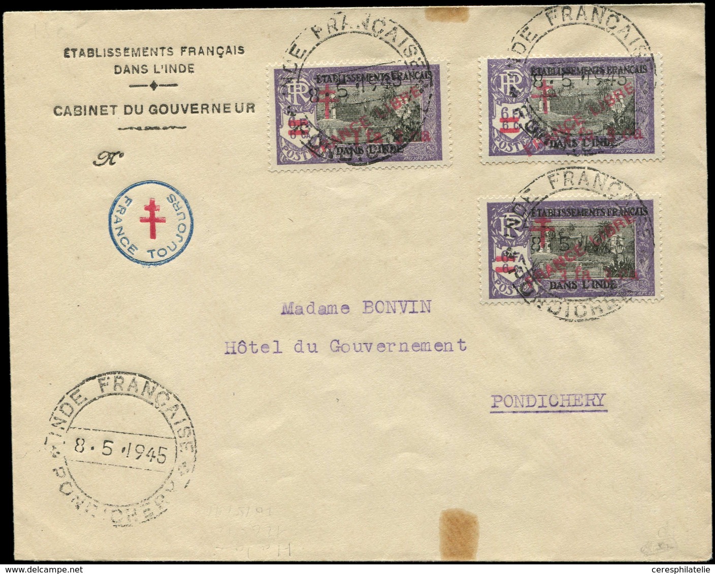 Let INDE 195/97 : Obl. PONDICHERY 8/5/45 Sur Env. Avec Cachet Bicolore FRANCE TOUJOURS, TB - Other & Unclassified