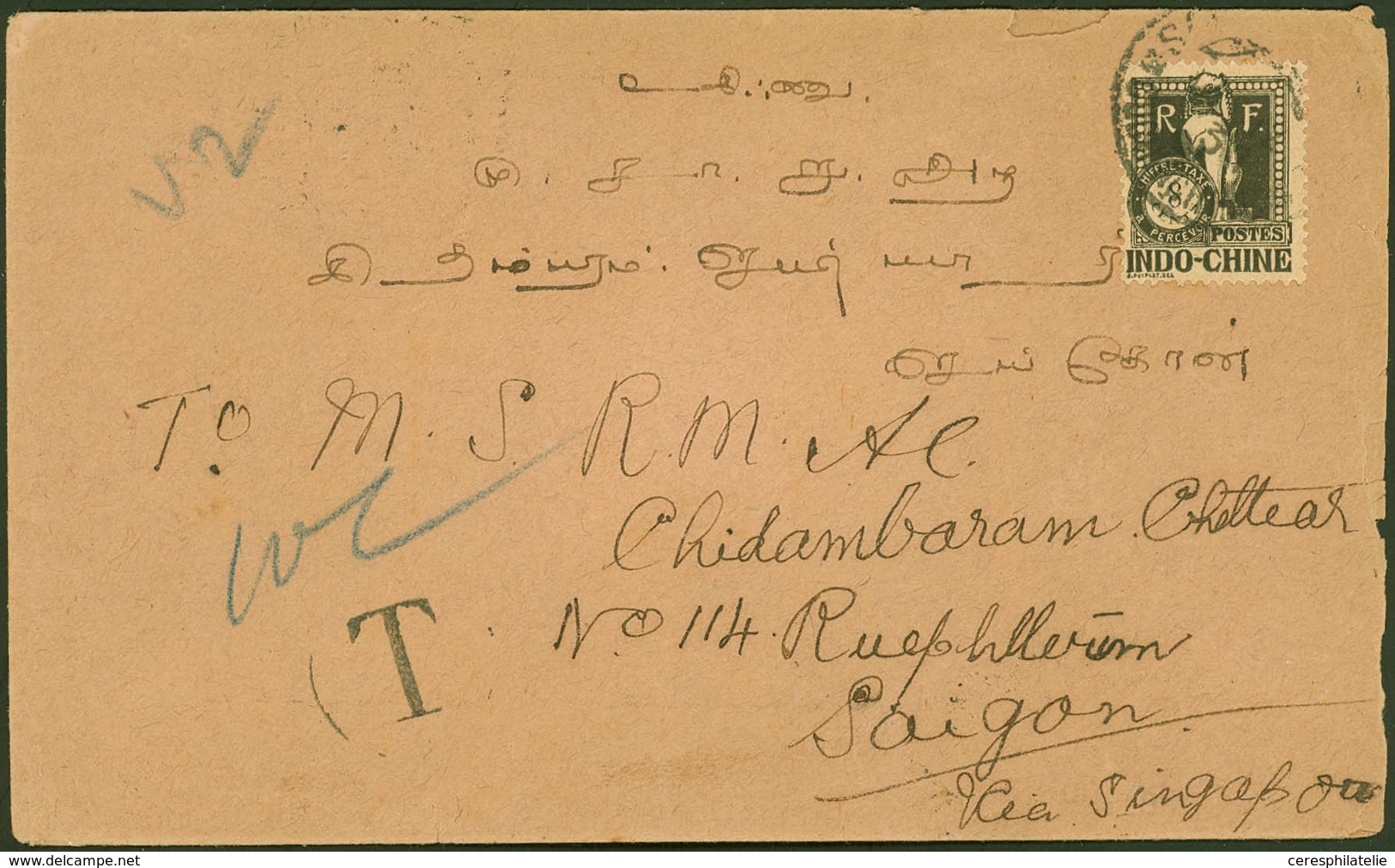 Let INDOCHINE Taxe 38 : 8c. Obl. Saigon S. Env., Au Verso 2a. D'Inde Anglaise Obl. Rangoon 2/12/31, TB - Autres & Non Classés