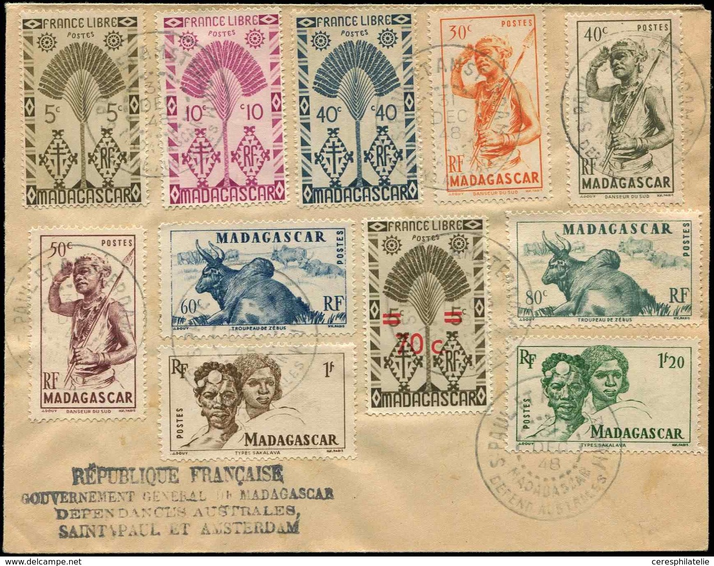 Let T.A.A.F. 11 T. Diff. De Madagascar Obl. Càd St PAUL Et AMSTERDAM 31/12/48 S. Env., TB - Unused Stamps