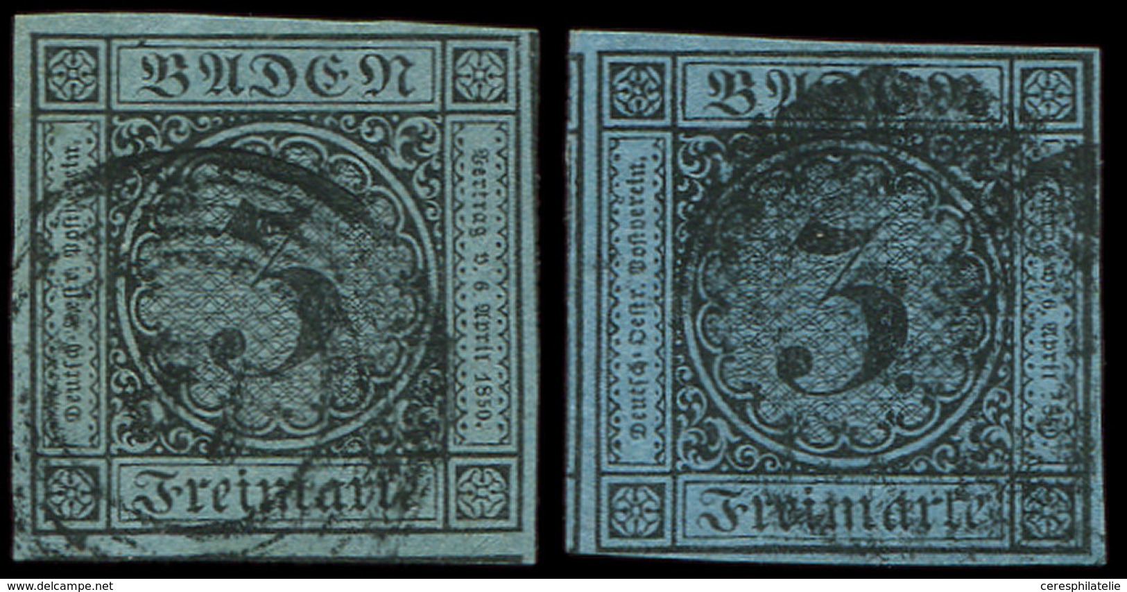 ALLEMAGNE (ANCIENS ETATS) BADE 7 : 3k. Bleu, 3 Ex. Obl., 2 Nuances Distinctes, TB - Other & Unclassified