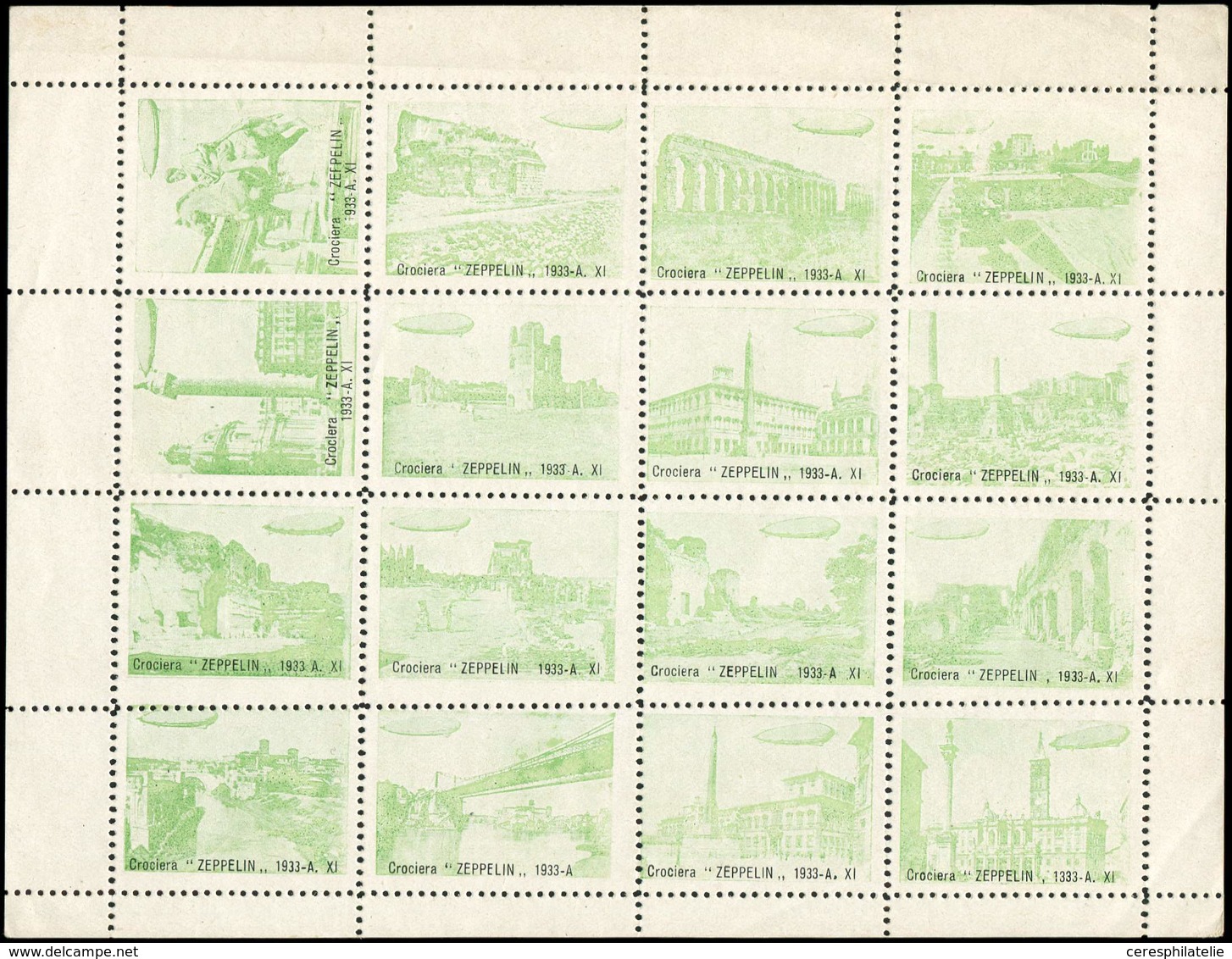 (*) ITALIE PA : Feuillet De 16 Vignettes Zeppelin, Légende Crociera Zeppelin, 1933-A. XI, TB - Airmail