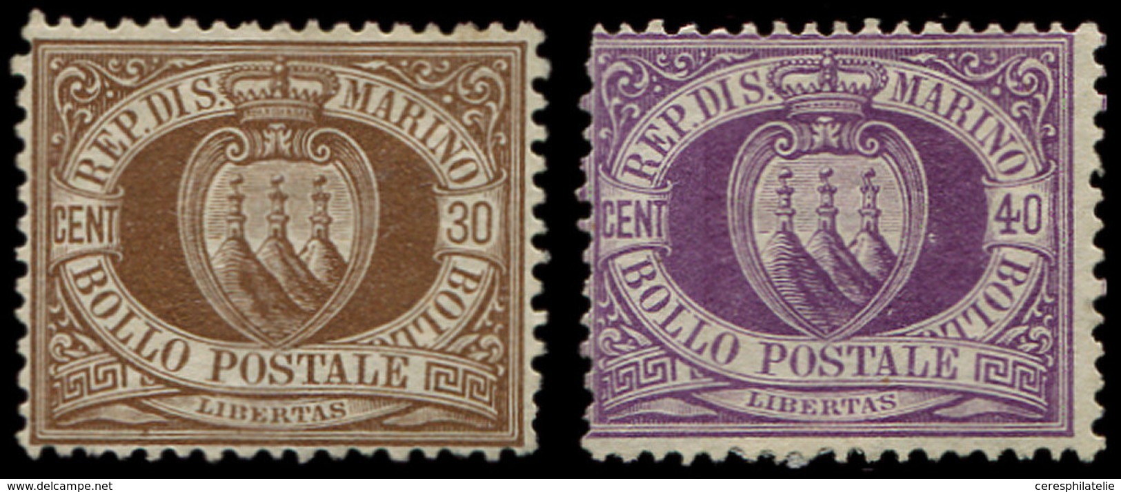 (*) SAINT MARIN 6 Et 7 : 30c. Brun Et 40c. Violet, TB. C - Unused Stamps