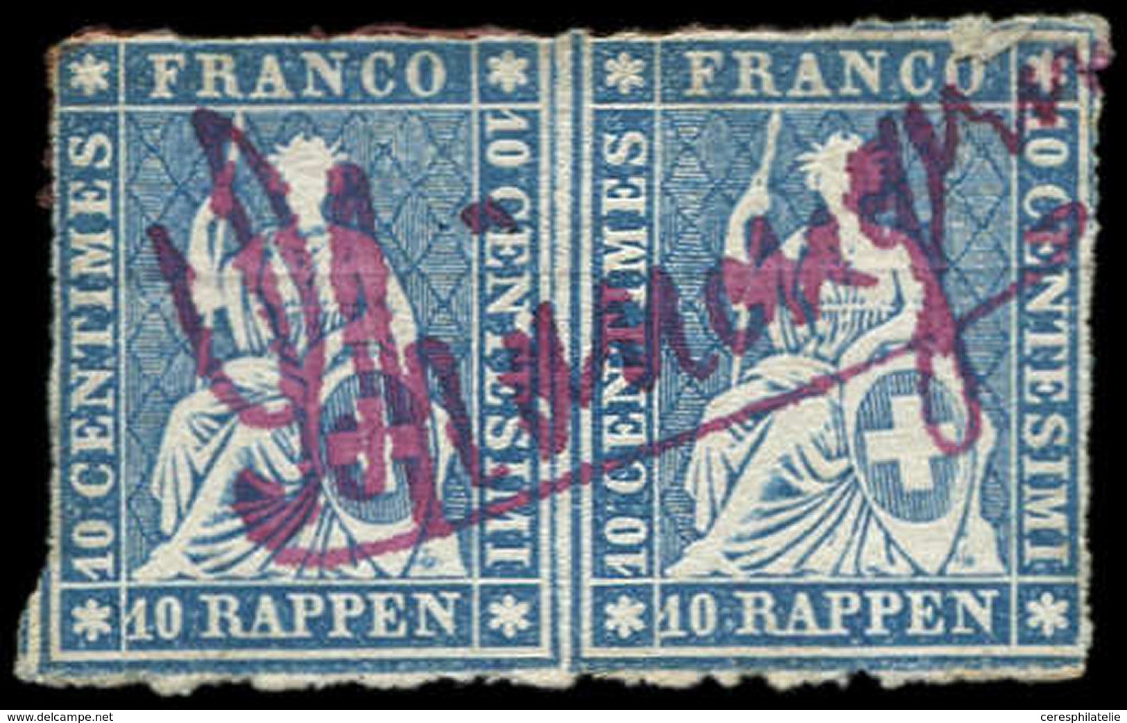 SUISSE 27a : 10r. Bleu, PAIRE Annulée à La Main, Fil De Soie Rouge, R Et TB - Used Stamps