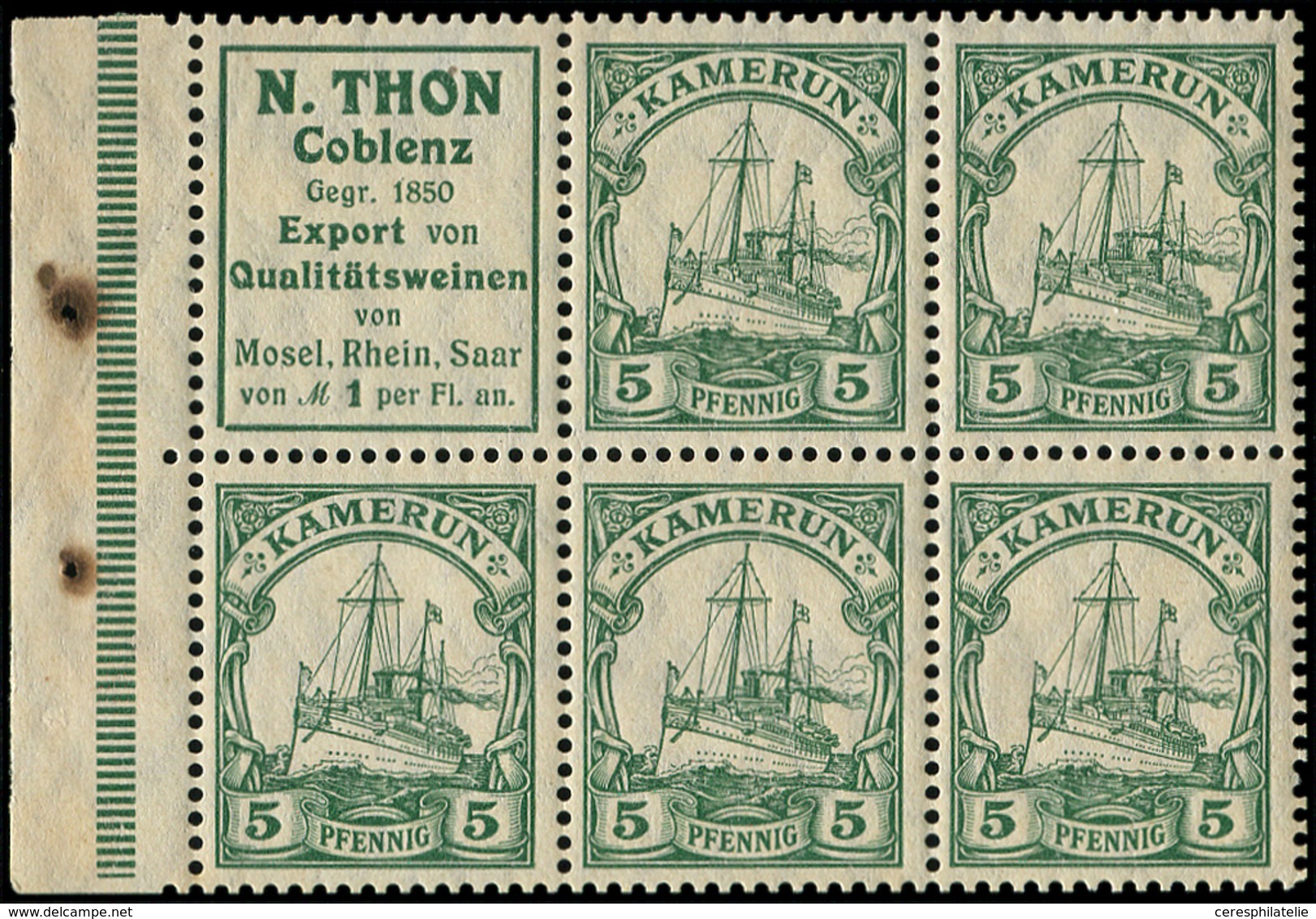 ** CAMEROUN ALLEMAND 5pf. Vert, BLOC De 5 Avec Pub Thon Coblenz, Bdf, N° Michel N°H-BL.2B, TB - Cameroun