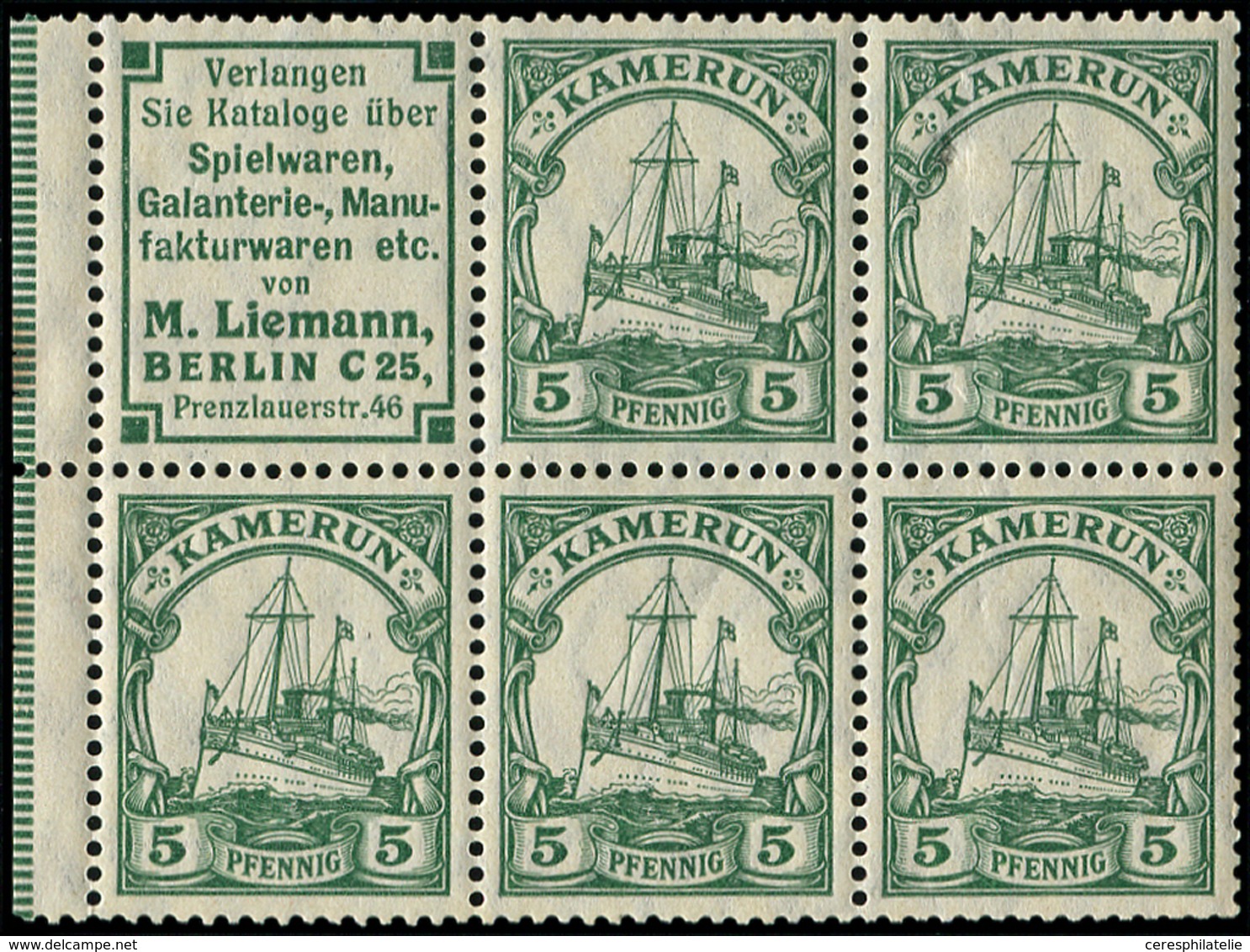 ** CAMEROUN ALLEMAND 5pf. Vert, BLOC De 5 Avec Pub M. Liemann Berlin, Bdf, N° Michel H-BL 8A, TB - Kameroen