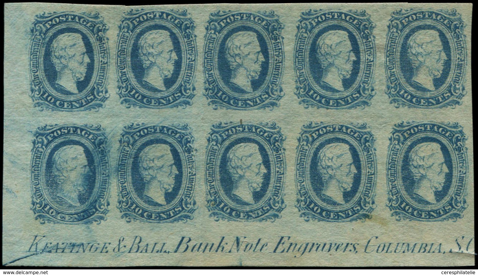 (*) ETATS CONFEDERES D'AMERIQUE 10c : 10c. Bleu, BLOC De 10 Cdf Avec Keatinge Et Ball..., TB - 1861-65 Etats Confédérés