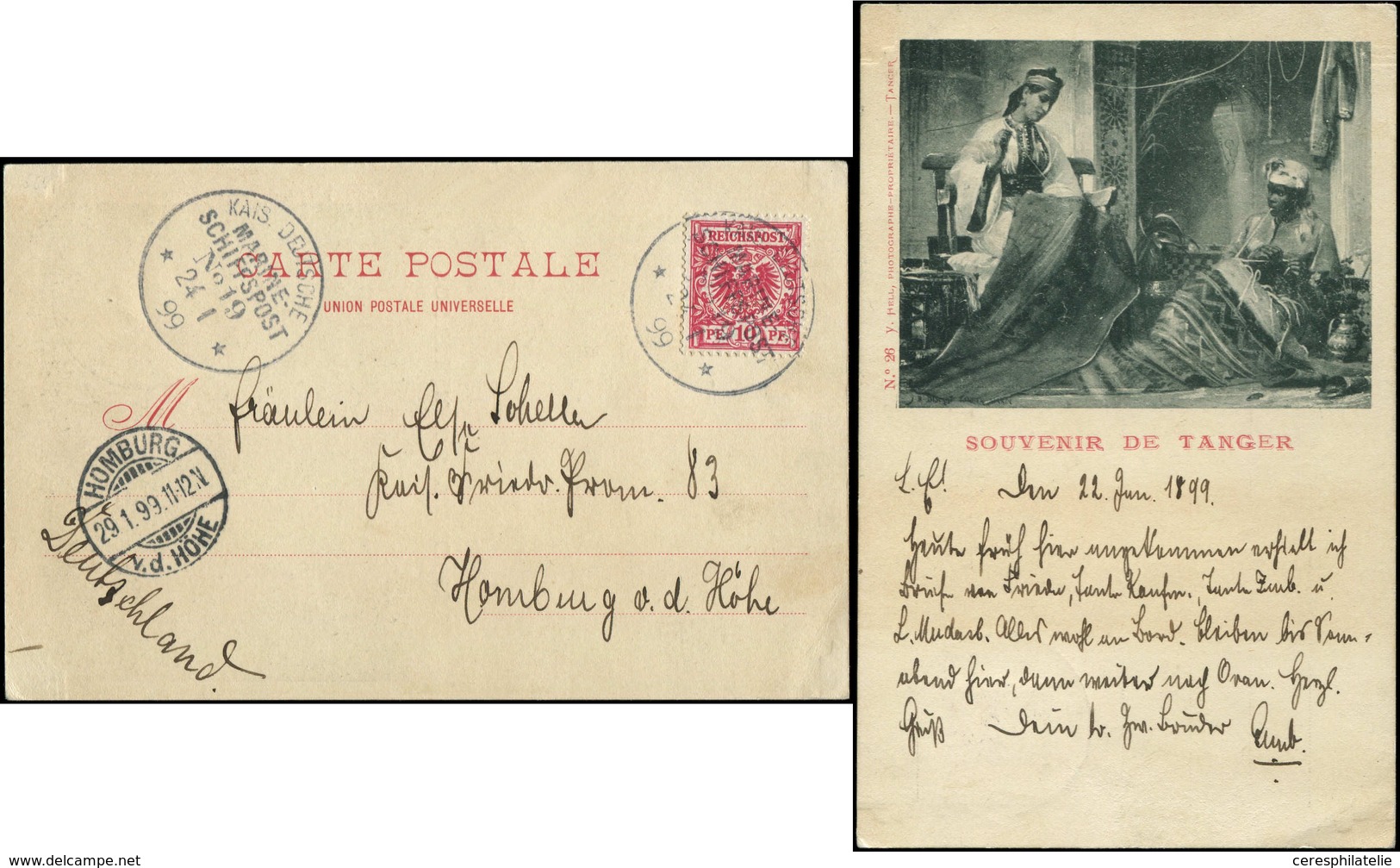 Let MAROC Bureaux Allemands 10pf. Rose Obl. MARINE-/SCHIFFSPOST N°19 24/1/99 Sur CP, TB - Marokko (kantoren)