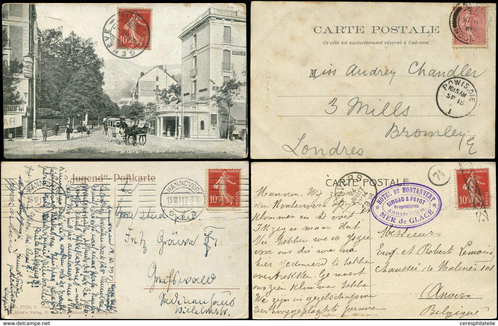 Let 4 CP Affr. N°129 Et 138 Obl. Allemande, Anglaise, Belge Et Suisse, 1903-11, TB - Collections (with Albums)