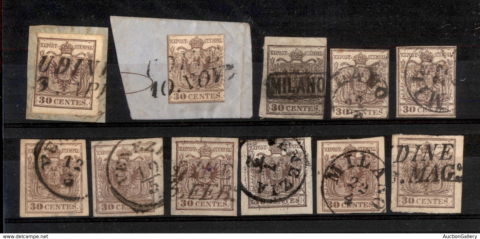 0007 ANTICHI STATI - LOMBARDO VENETO - 1850/1857 - Cartoncino Con 11 Esemplari Del 30 Cent (7/21) - Interessante - Da Es - Other & Unclassified