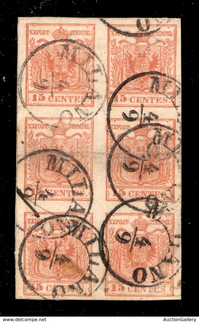 0010 ANTICHI STATI - LOMBARDO VENETO - 15 Cent (20) - Blocco Verticale Di Sei Con Piega Orizzontale Al Centro - Ottimi M - Autres & Non Classés