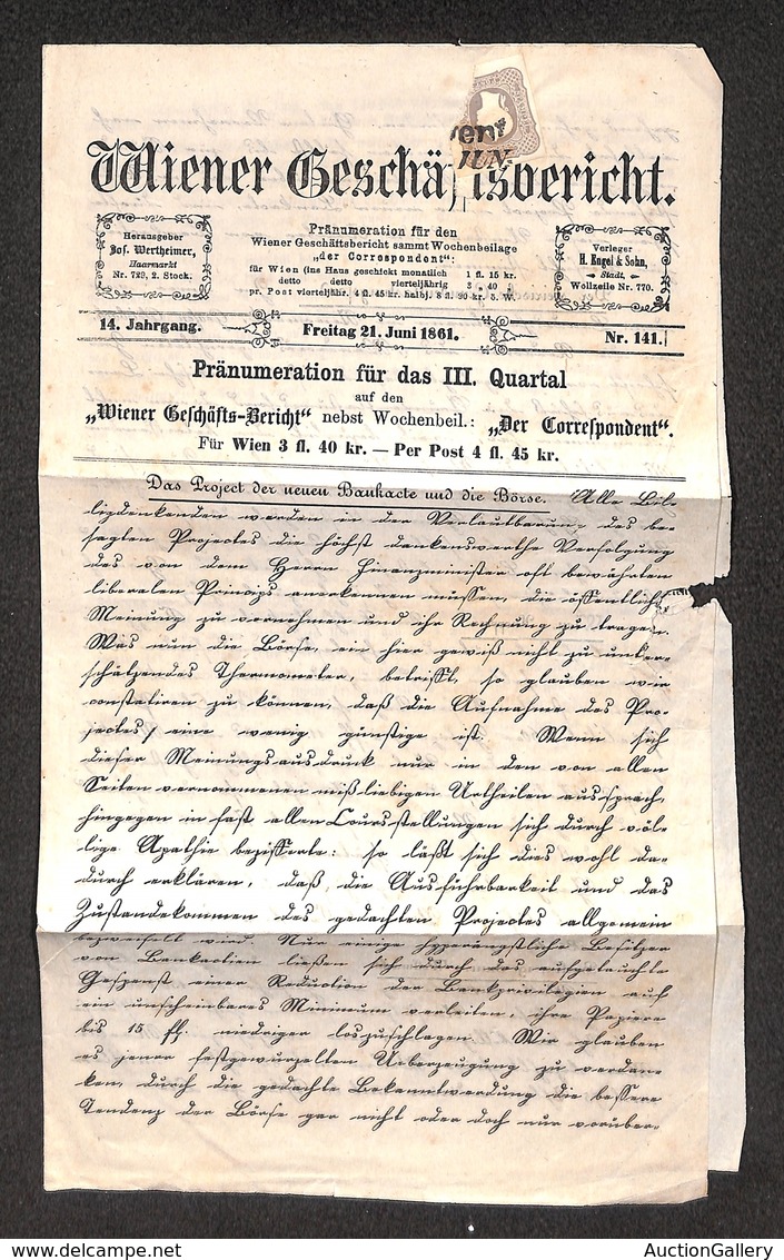 0022 ANTICHI STATI - LOMBARDO VENETO - 1,05 Kreuzer (10-Giornali) Isolato Su Giornale - Fascetta Asportata Con Parte Del - Andere & Zonder Classificatie