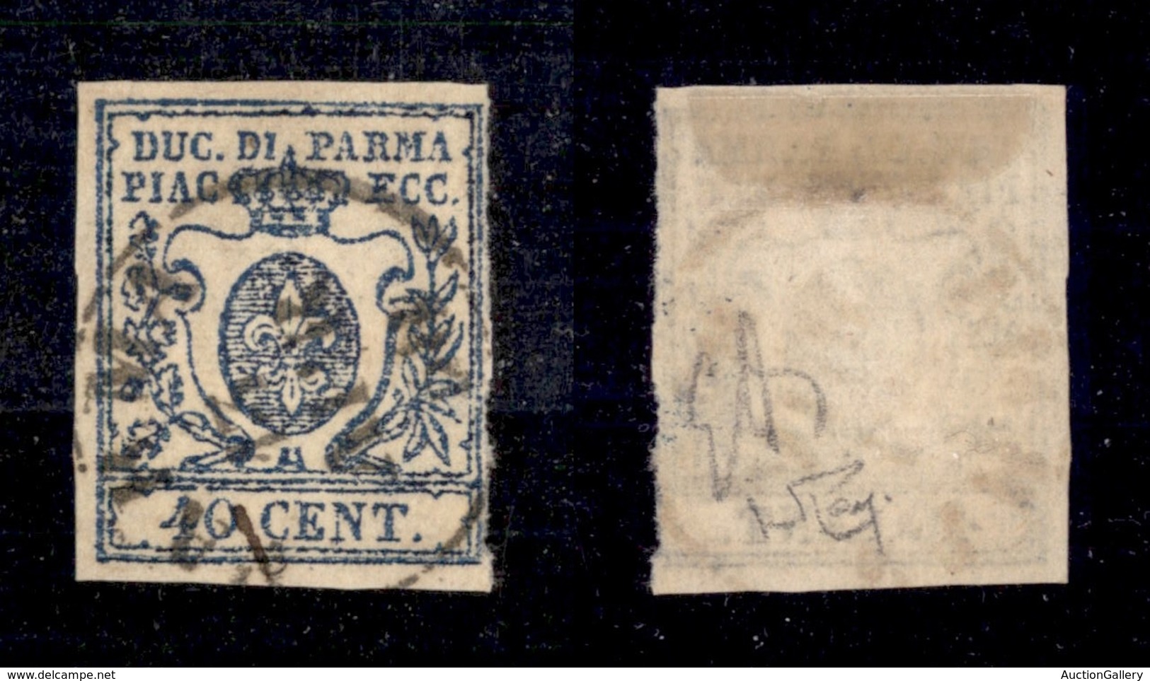 0044 ANTICHI STATI - PARMA - 1857 - 40 Cent Azzurro Scuro (11a) - Preciso A Destra - Cert. Raybaudi - In Ottimo Stato (1 - Autres & Non Classés