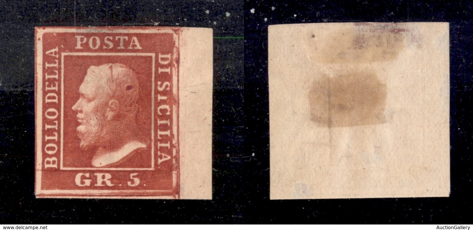 0077 ANTICHI STATI - SICILIA - 1859 - 5 Grana Rosso Sangue (9c) - Grandi Margini E Bordo Foglio (tratto E Macchia Di Col - Otros & Sin Clasificación