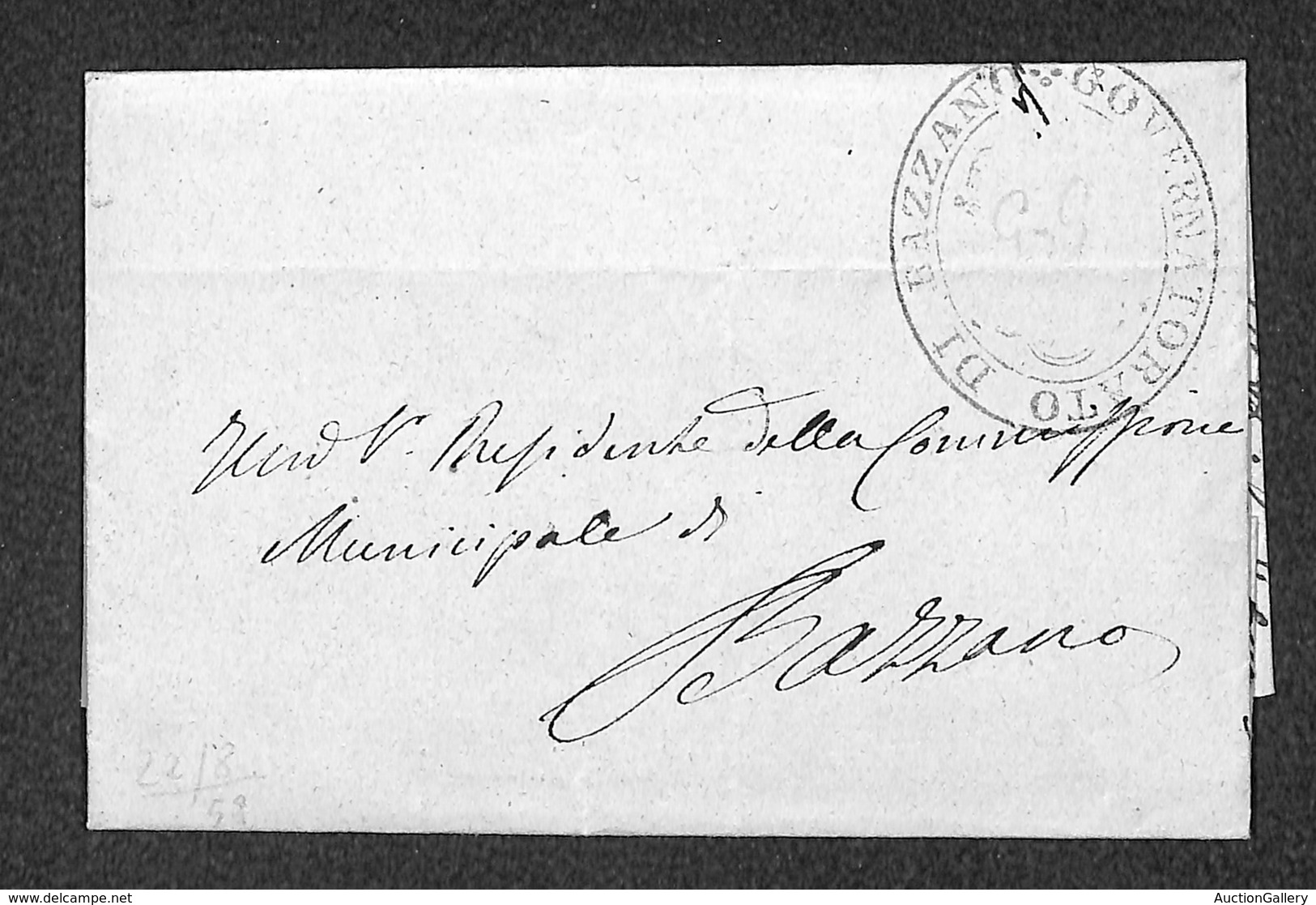 0102 RISORGIMENTO ITALIANO - “Governatorato Di Bazzano” In Ovale Su Lettera In Franchigia Del 22.7.1859 - Other & Unclassified