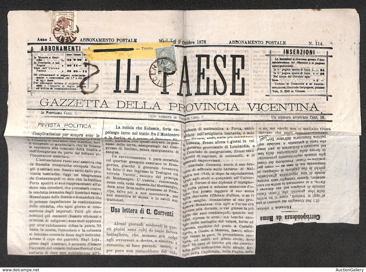 0126 REGNO - Giornale “Il Paese” Affrancato Con 5 Cent (16) Da Vicenza A Trento Del 9.10.78 E Qui Tassato Con 2 Kreuzer  - Sonstige & Ohne Zuordnung