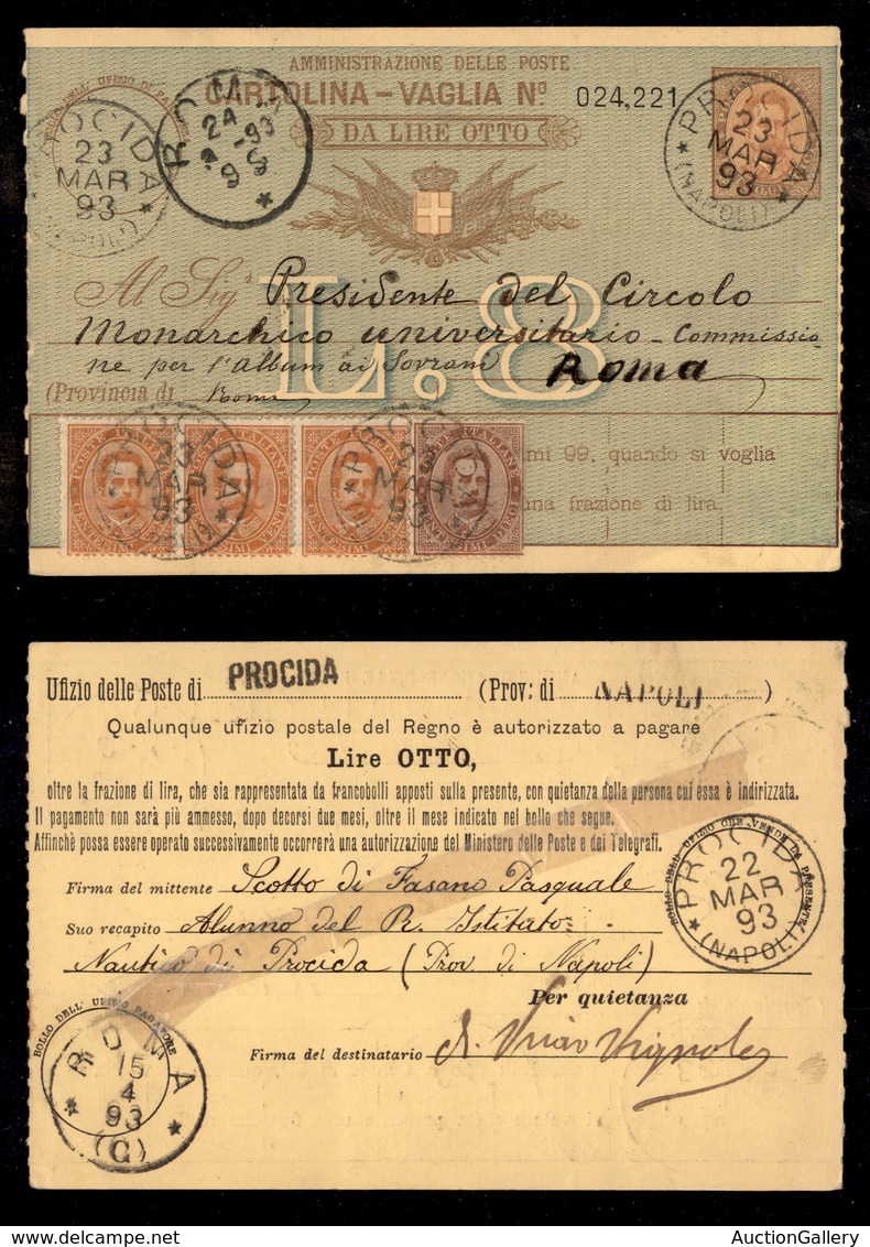 0147 REGNO - Cartolina Vaglia Da 8 Lire + 15 Cent (9) Con Affrancatura Aggiuntiva Umberto (38+39 Striscia Di Tre) Da Pro - Autres & Non Classés