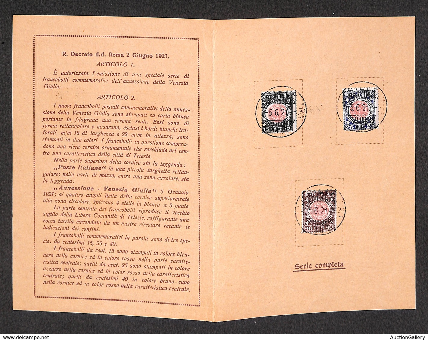 0176 REGNO - 1921 - Venezia Giulia (113/115) - Serie Completa Su Cartoncino/libretto Ufficiale FDC Dell’emissione - Cert - Autres & Non Classés