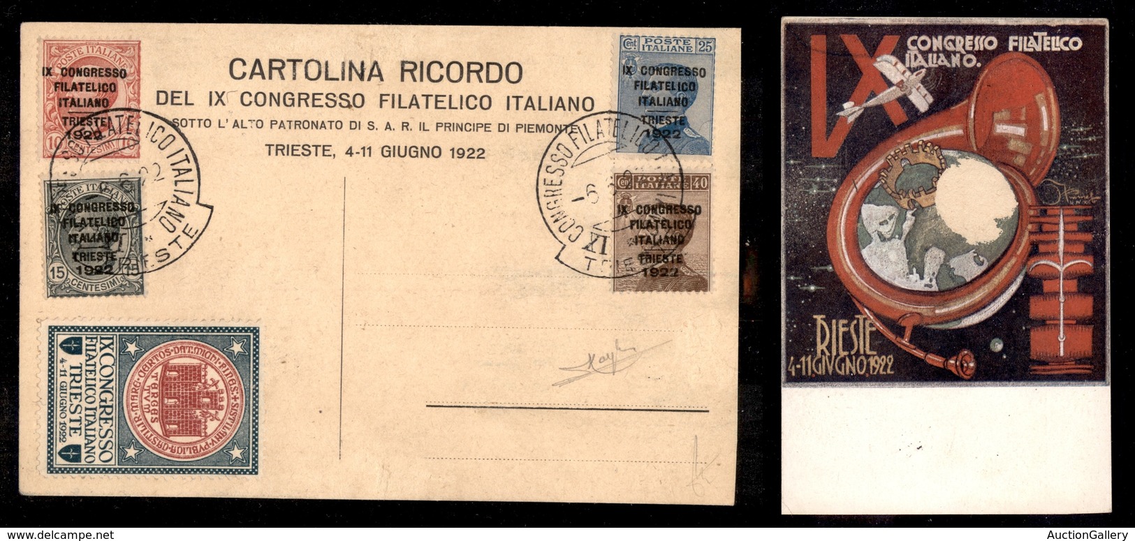 0179 REGNO - Cartolina Ufficiale Del “IX Congresso Filatelico Italiano” Con La Serie (123/126) Annullata Trieste 6.6.22  - Autres & Non Classés