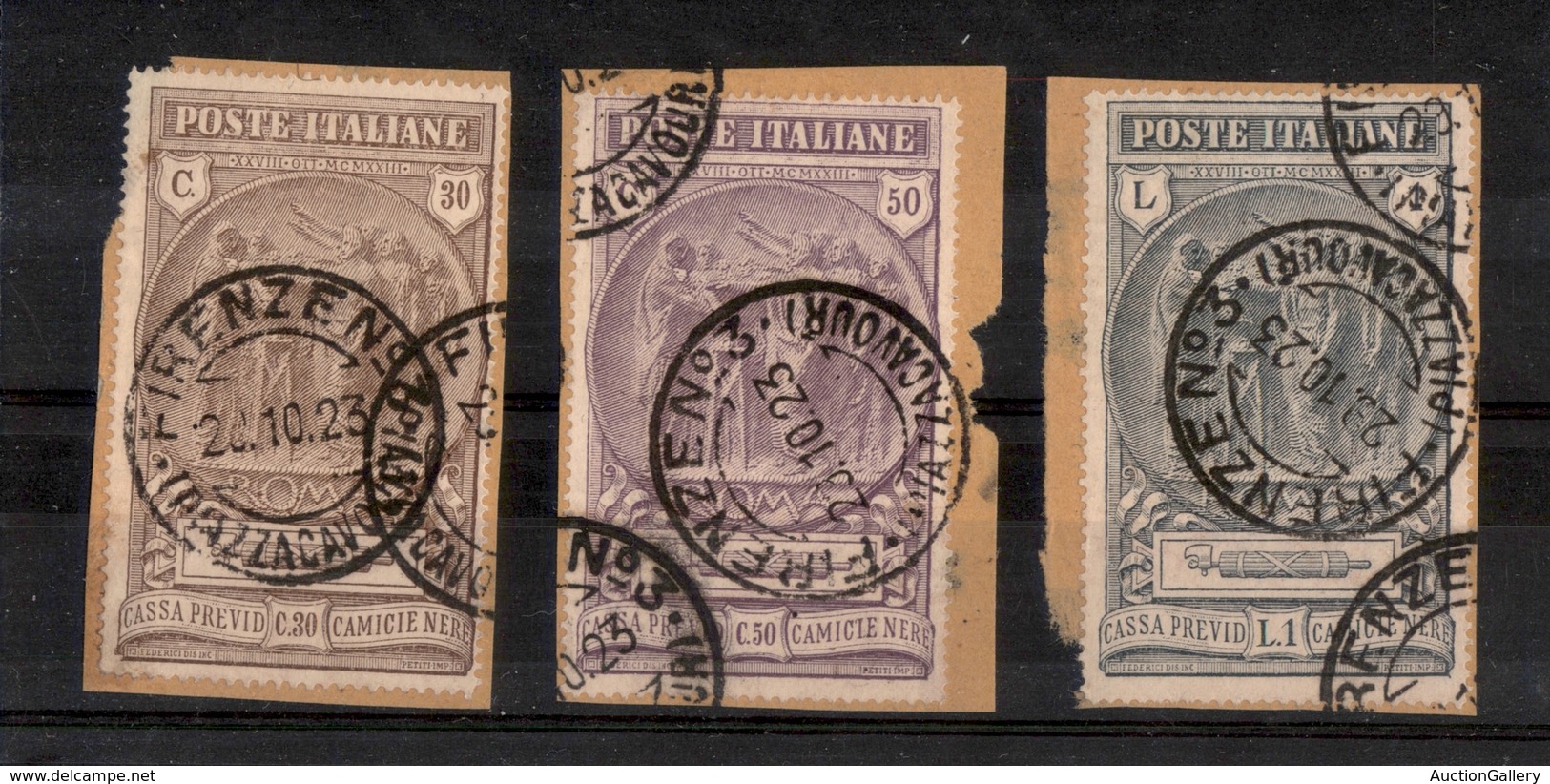 0181 REGNO - 1923 - Camice Nere (147/149) - Serie Completa Su 3 Frammenti Con Annulli Primo Giorno - Firenze 29.10.23 -  - Sonstige & Ohne Zuordnung