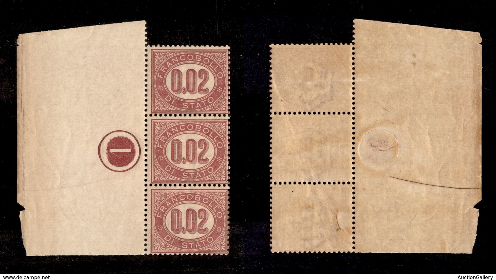 0239 REGNO - 1875 - 2 Cent (1-Servizio) - Striscia Verticale Di 3 Bordo Foglio Con Numero Di Tavola (1) In Cerchio - Gom - Andere & Zonder Classificatie