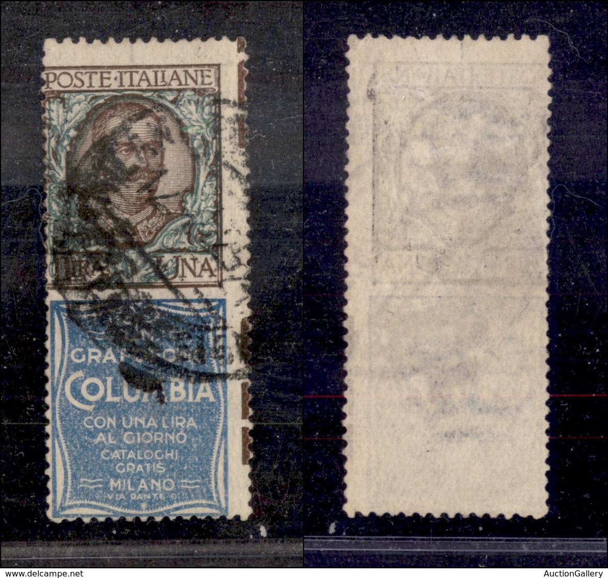 0291 REGNO - 1924 - Pubblicitari - 1 Lira Columbia (19) - Dentellatura Spostata Nei Due Sensi - Non Catalogato - Cert. A - Other & Unclassified