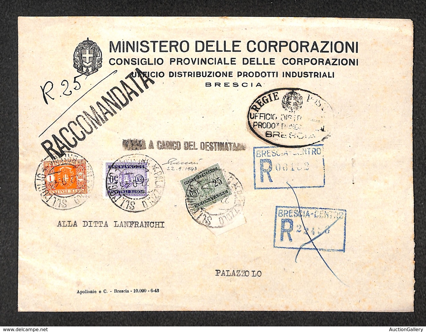 0319 REPUBBLICA SOCIALE - Raccomandata Da Brescia A Palazzolo Sull’Oglio Del 22.9.43 - Tassata In Arrivo Per 1,75 Lire ( - Other & Unclassified