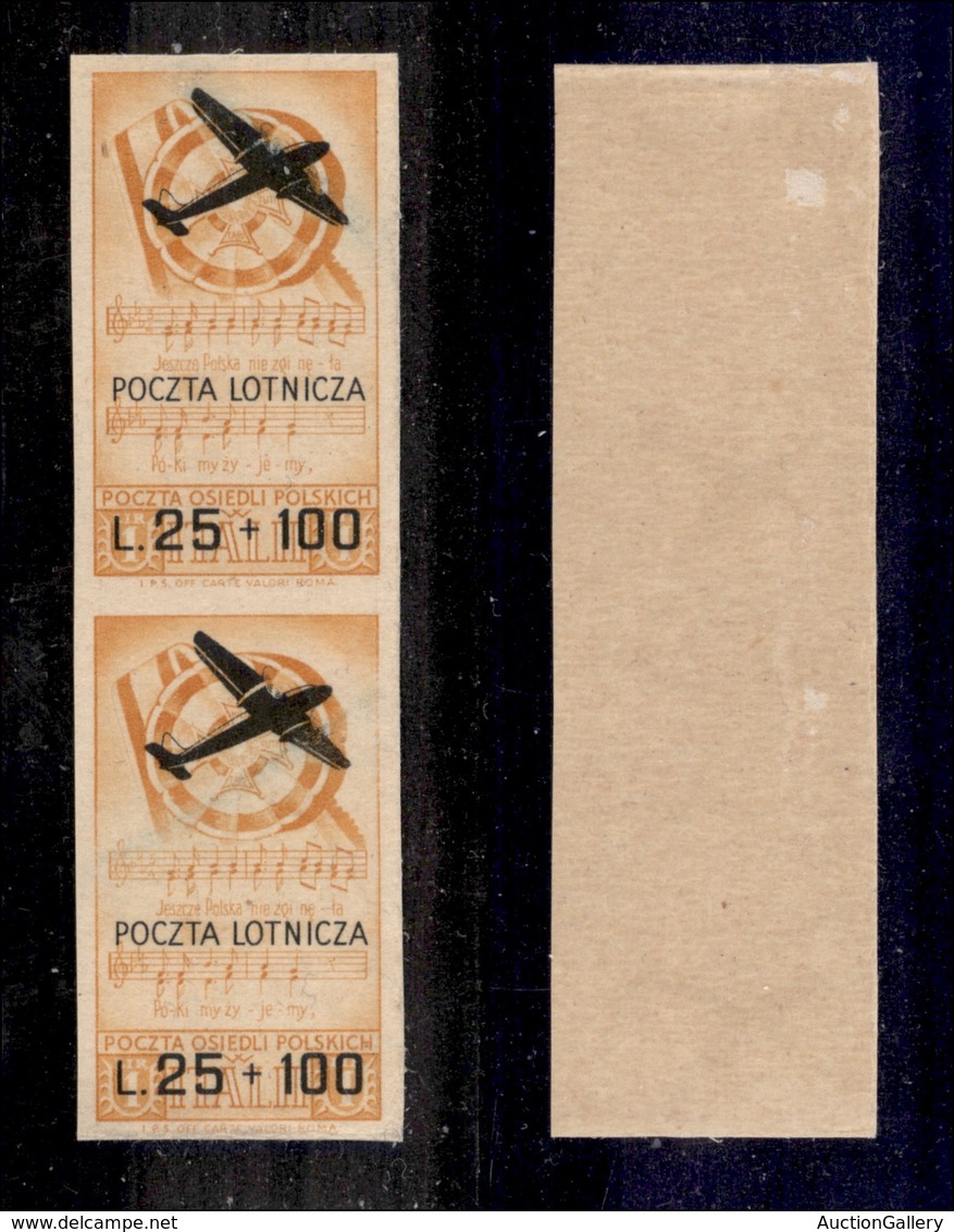 0443 EMISSIONI LOCALI - CORPO POLACCO - 1946 - 25 Lire + 100 Su 1 Lira (3a-Aerea) - Coppia Verticale Non Dentellata - Di - Andere & Zonder Classificatie