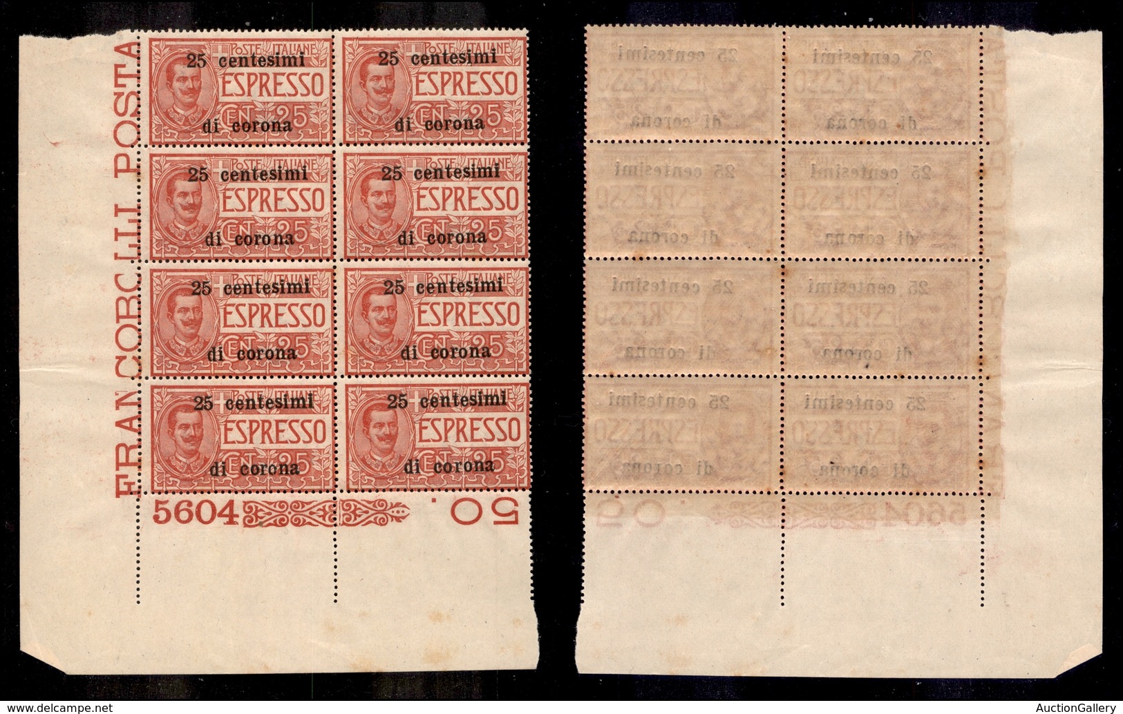 0462 OCCUPAZIONI - TRENTO E TRIESTE - 1919 - 25 Cent (1-Espressi) - Blocco Angolare Di 8 Con Numero Di Tavola - Gomma In - Sonstige & Ohne Zuordnung