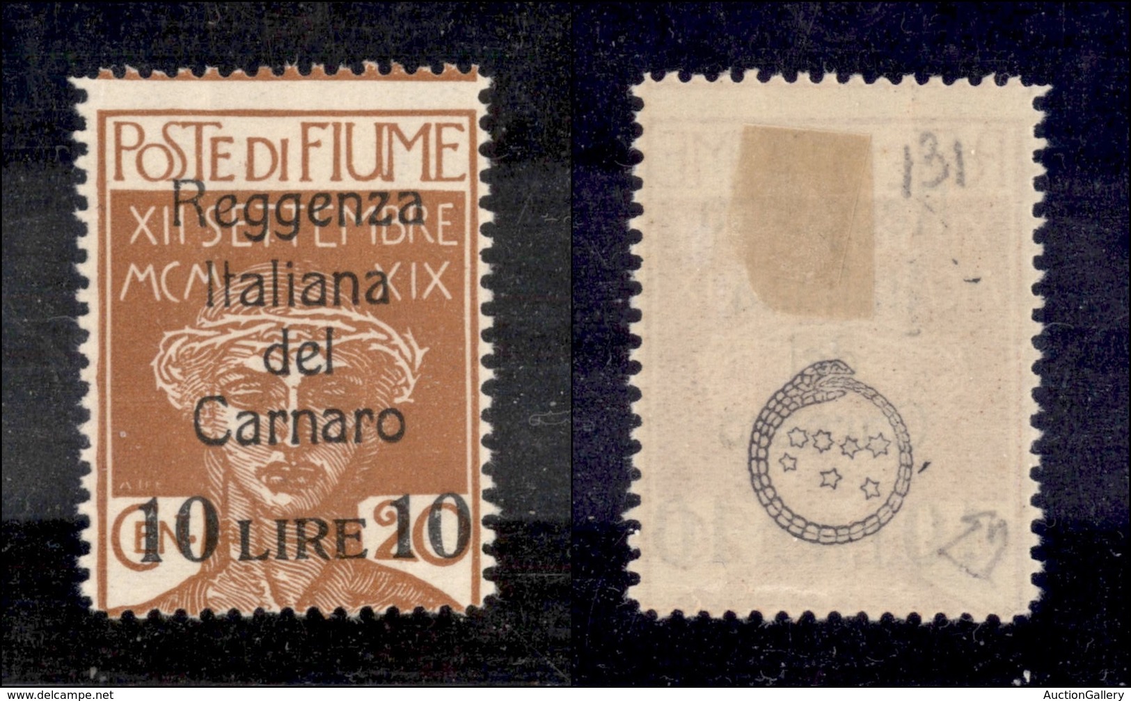 0474 OCCUPAZIONI - FIUME - 1920 - 10 Lire Su 20 Cent (146) - Diena + Cert. AG (900) - Other & Unclassified