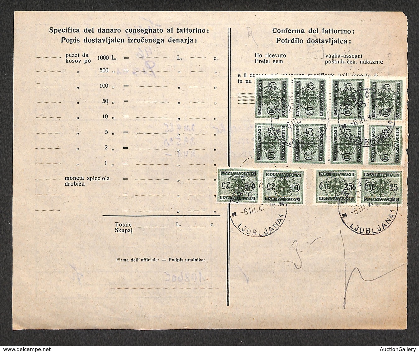 0505 OCCUPAZIONE TEDESCA - LUBIANA - Dodici 25 Cent (4) Segnatasse Su Foglio Di Recapito - Lubiana 6.3.45 - Andere & Zonder Classificatie