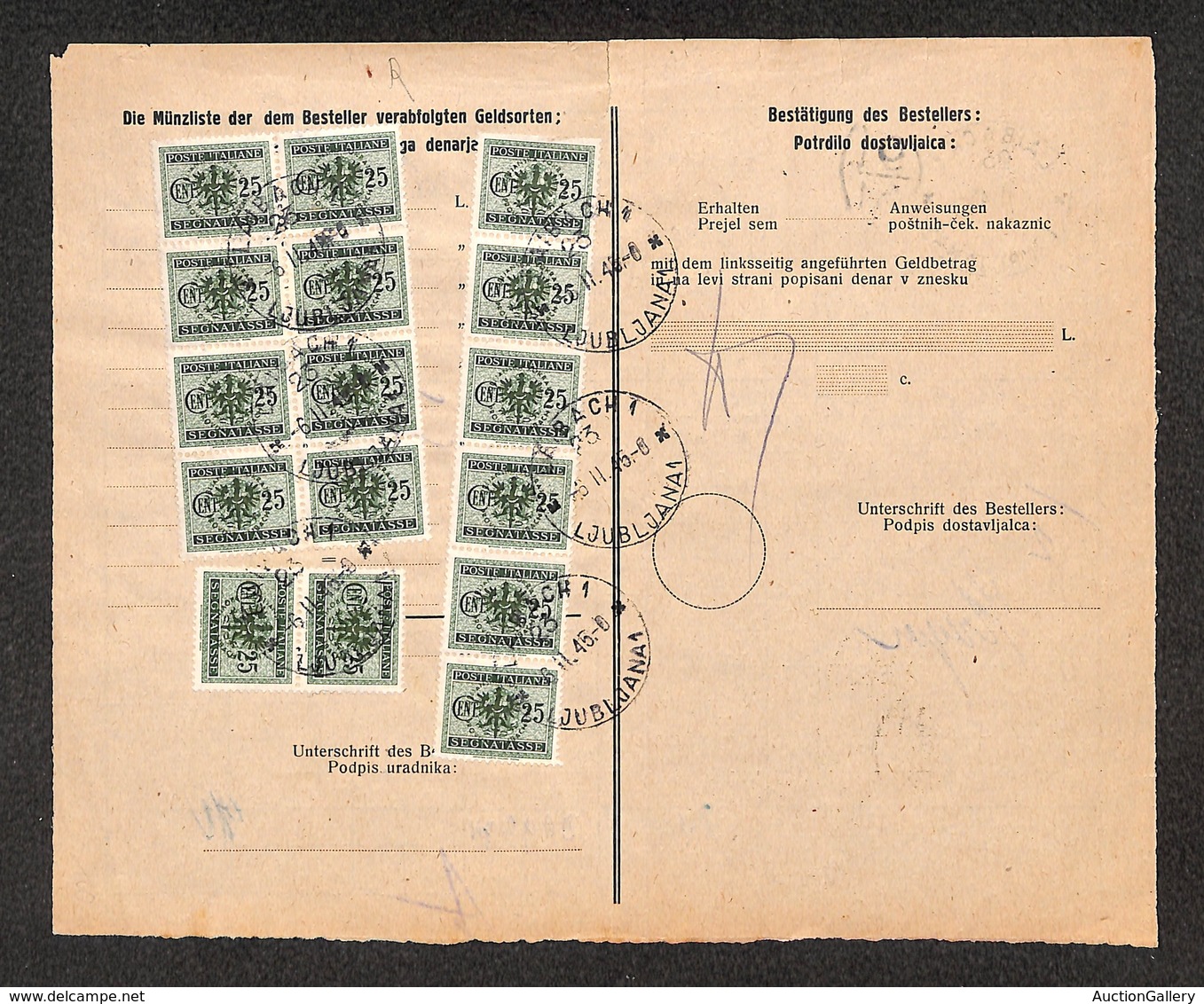 0506 OCCUPAZIONE TEDESCA - LUBIANA - Sedici 25 Cent (4) Segnatasse Su Foglio Di Recapito - Lubiana 6.2.45 - Otros & Sin Clasificación