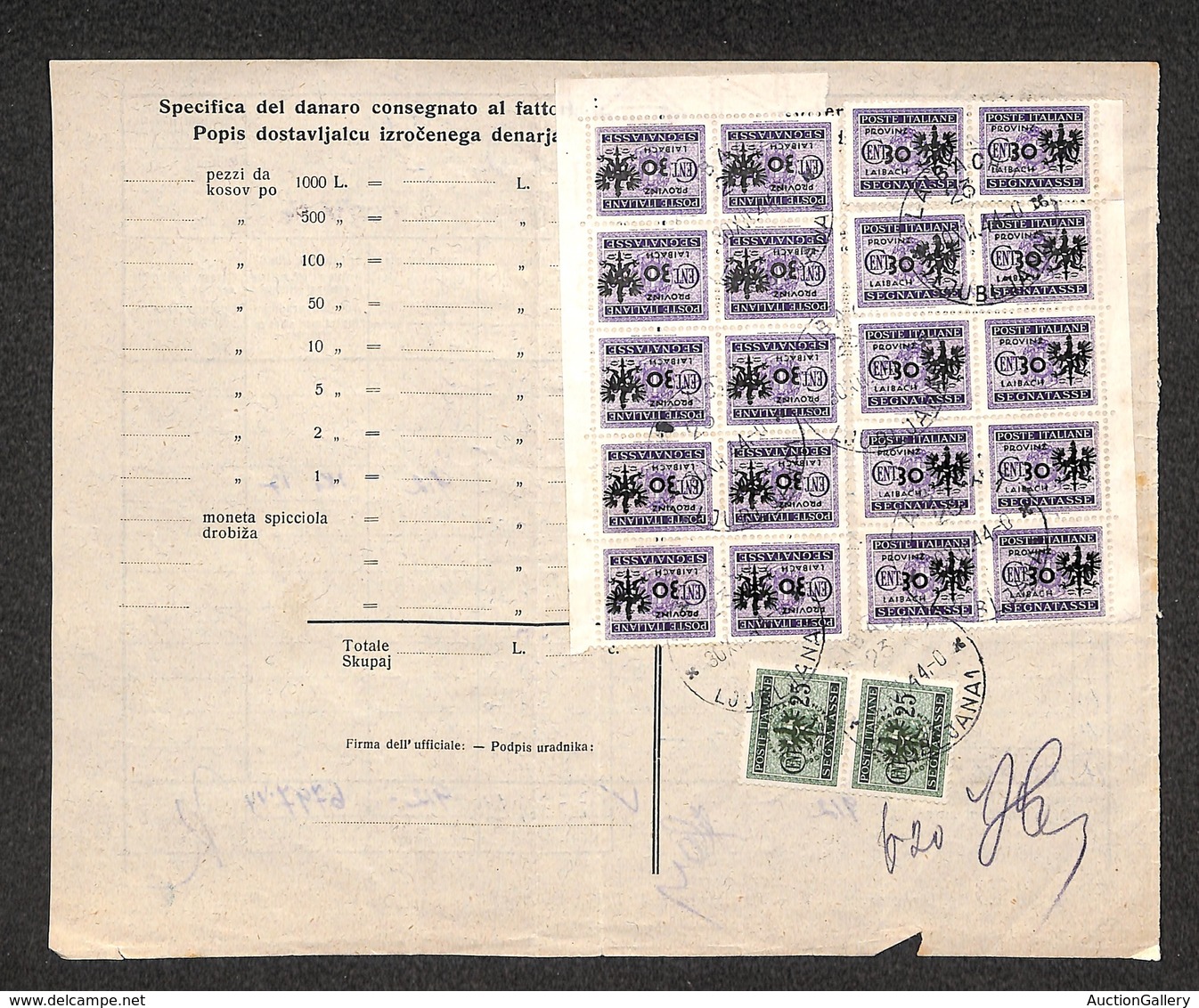 0511 OCCUPAZIONE TEDESCA - LUBIANA - Due 25 Cent (4) + Venti 30 Su 50 Cent (5) Segnatasse Su Modulo - Lubiana 30.12.44 - Autres & Non Classés