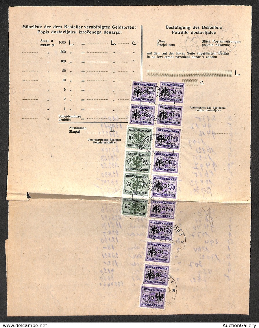 0513 OCCUPAZIONE TEDESCA - LUBIANA - Quattro 25 Cent (4) + Dodici 30 Su 50 Cent (5) Segnatasse Su Foglio Di Recapito - L - Otros & Sin Clasificación