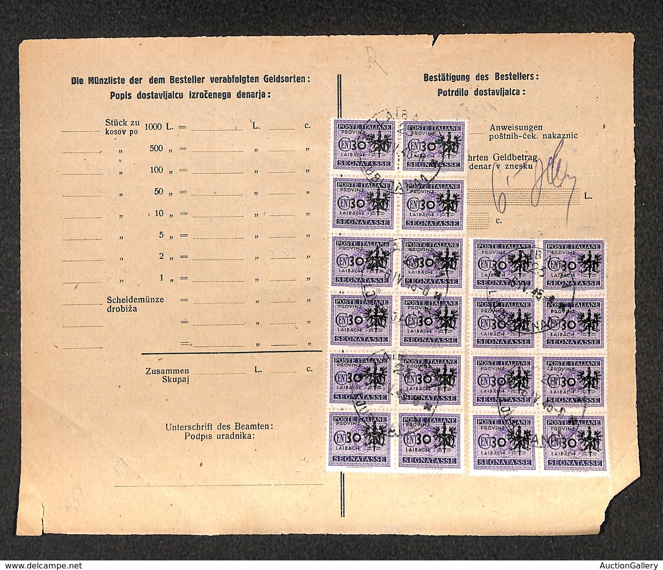 0517 OCCUPAZIONE TEDESCA - LUBIANA - Venti 30 Su 50 Cent (5) Segnatasse Su Foglio Di Recapito - Lubiana 6.4.45 - Otros & Sin Clasificación