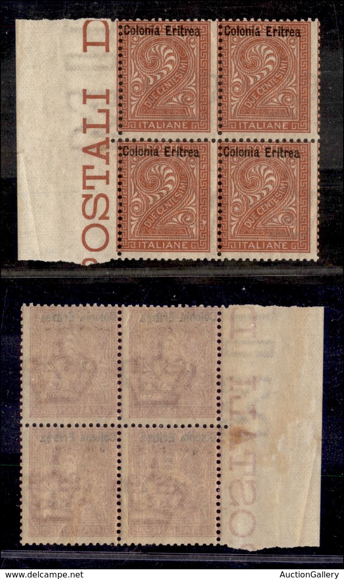 0595 COLONIE - ERITREA - 1893 - Quartina 2 Cent (2fa) Con Soprastampa Spostata In Alto A Sinistra - Bordo Foglio - Gomma - Other & Unclassified