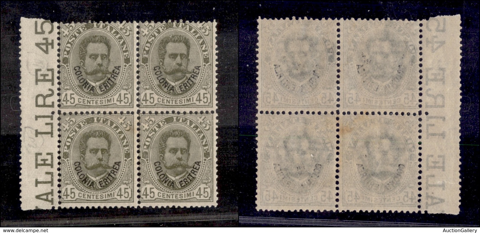 0599 COLONIE - ERITREA - 1895/1899 - Quartina Del 45 Cent (18) - Bordo Foglio - Gomma Integra (450) - Autres & Non Classés