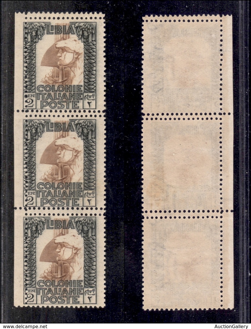 0626 COLONIE - LIBIA - 1921 - Striscia Di Tre Del 2 Cent Pittorica (22p) Con Doppia Dentellatura Orizzontale - Senza Gom - Andere & Zonder Classificatie